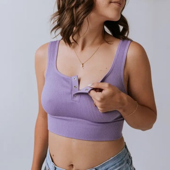 Ninety-Nine Purple Ribbed Henley Cropped Tank Top with SnapS – L NWOT - Picture 1 of 5